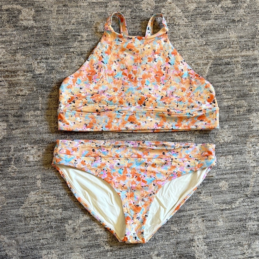 Prana Floral High-Neck Two-Piece Bikini - Peach Multi - XL top - L bottom